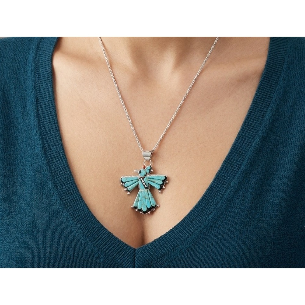 Zuni Thunderbird Inlay Pendant Green Turquoise‎ Jewelry 24" Rope Chain**